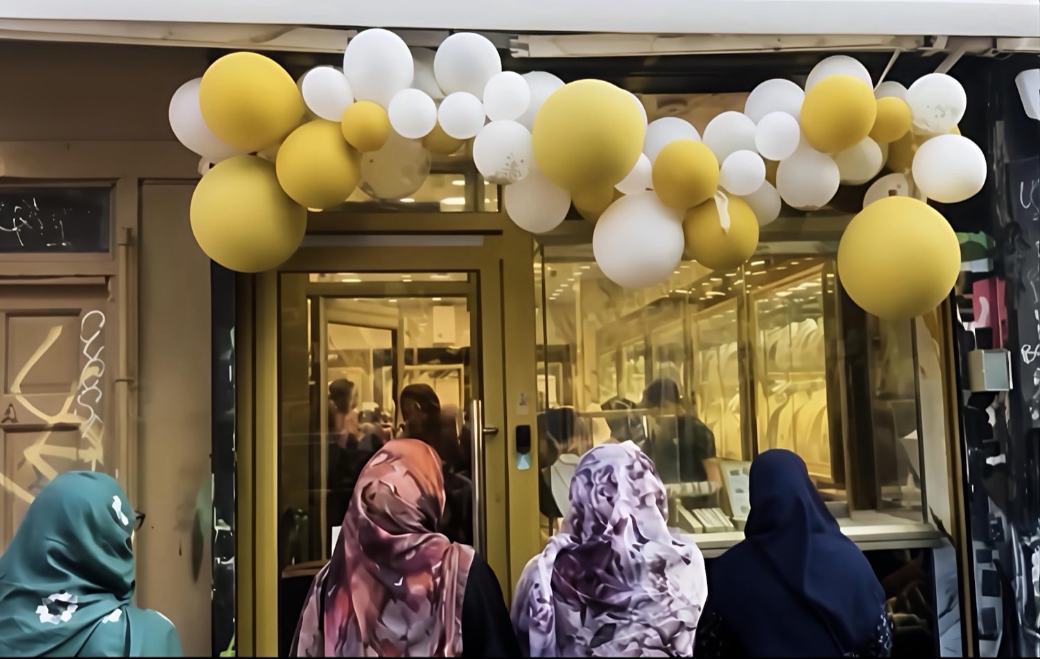 The Sona Bazar Jewellers storefront on Bethnal Green Road, dressed with a gold and white balloon arch, with customers at the door